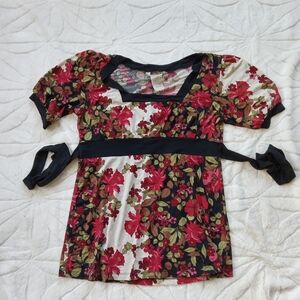 vintage speachless square neck tie waiste XL floral blouse red green black white